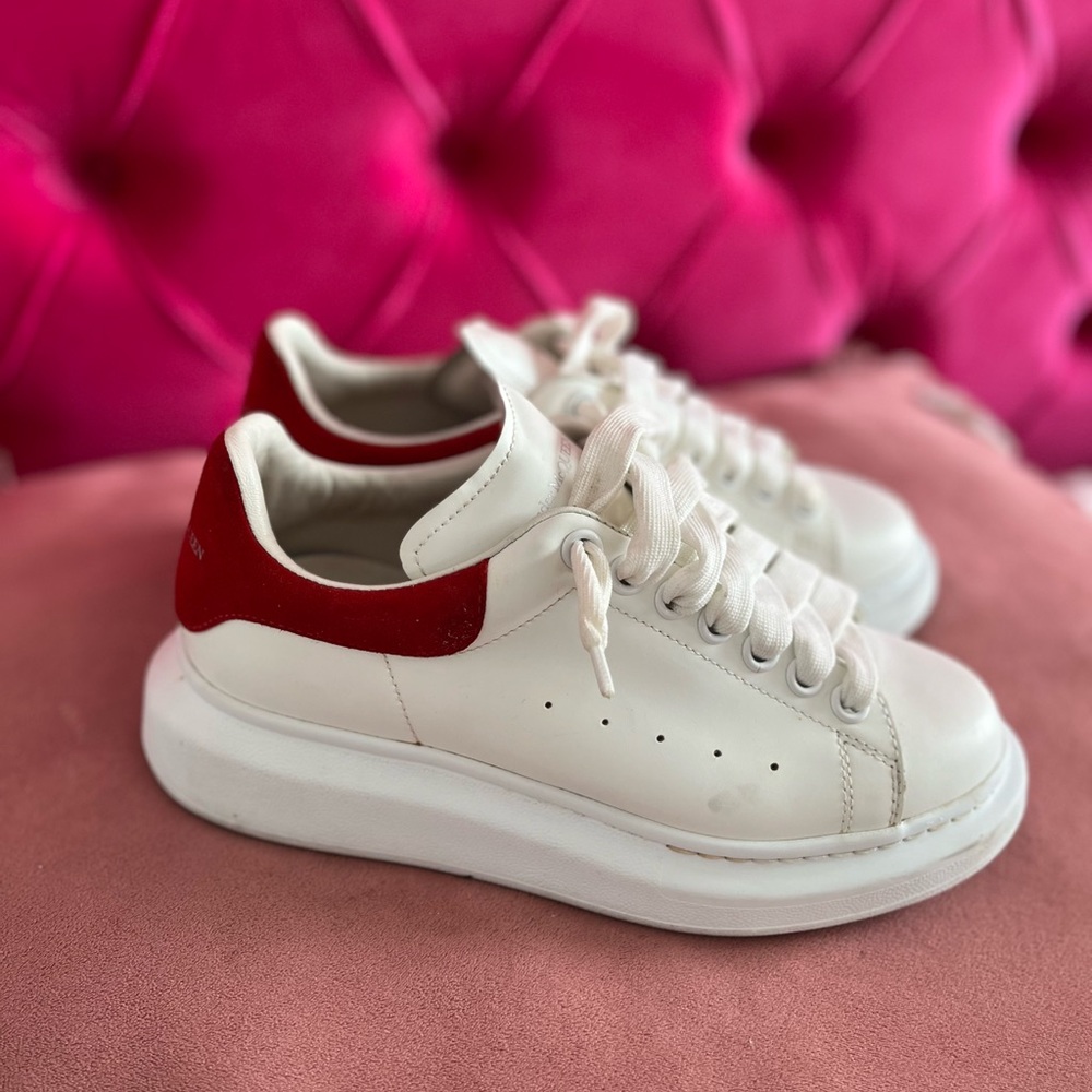 Authentic Woman’s white & Red Alexander McQueen Sneakers woman’s size 38.5 (8.5)